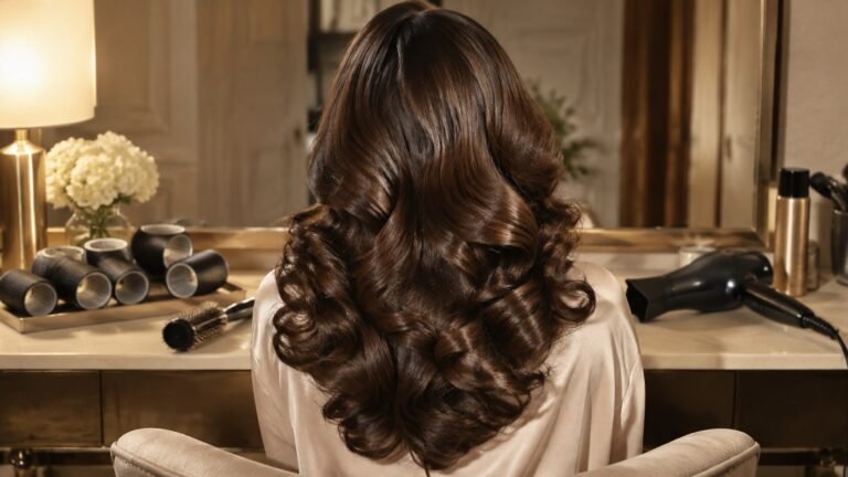 Long glossy brown hair in a voluminous bombshell blowout seen from behind, with rollers and a hair dryer on a vanity