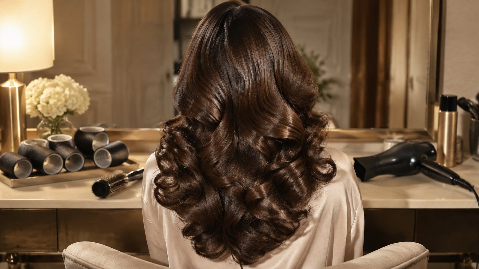 Long glossy brown hair in a voluminous bombshell blowout seen from behind, with rollers and a hair dryer on a vanity