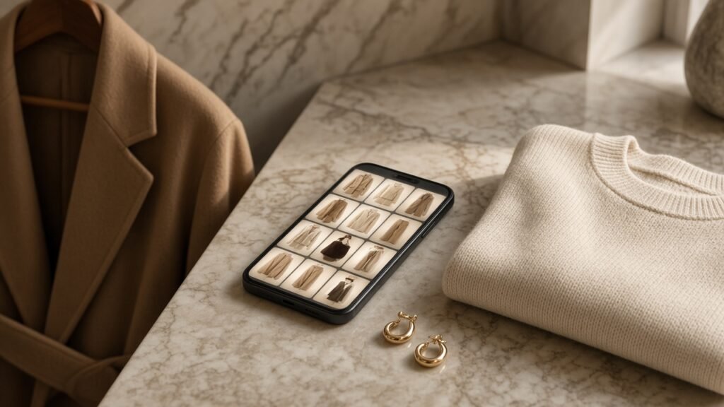 Smartphone showing an outfit grid beside a camel coat and cream sweater
