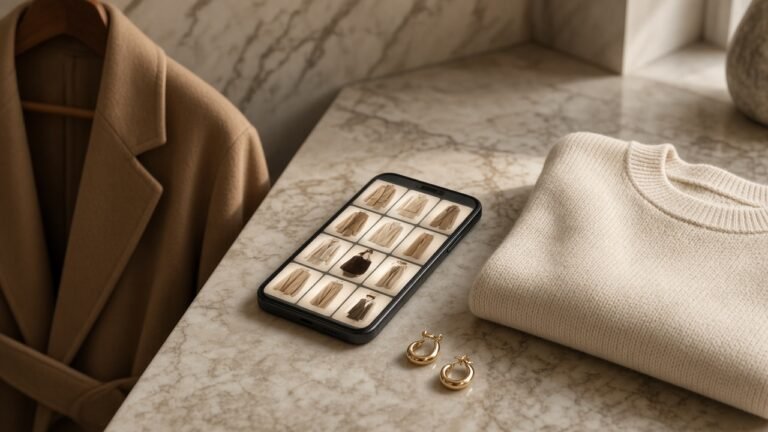Smartphone showing an outfit grid beside a camel coat and cream sweater