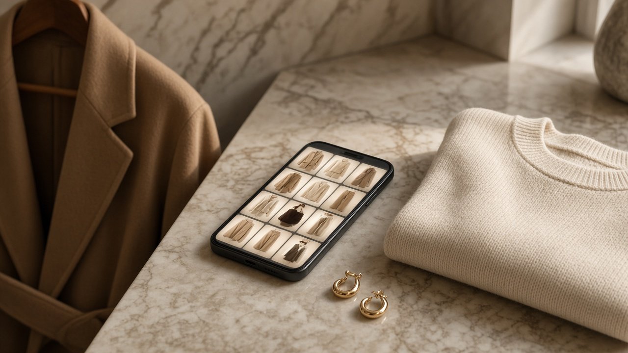 Smartphone showing an outfit grid beside a camel coat and cream sweater