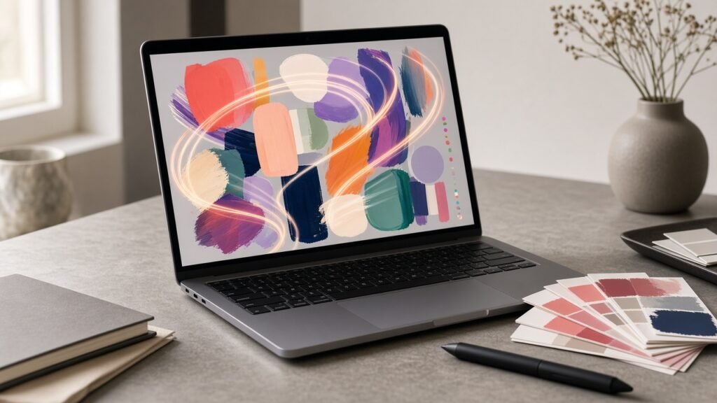 Laptop on a designer desk showing colourful abstract brush strokes