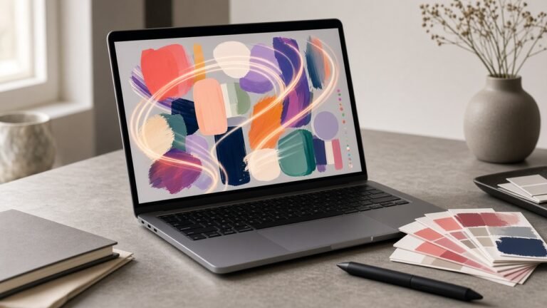 Laptop on a designer desk showing colourful abstract brush strokes