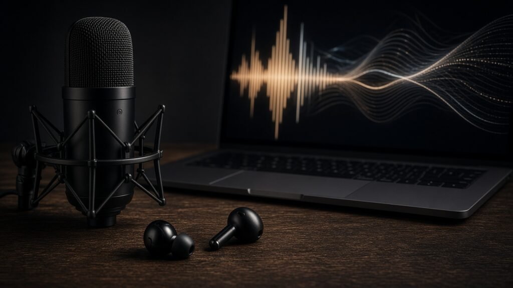 Studio microphone and earbuds in front of a laptop showing glowing sound waves
