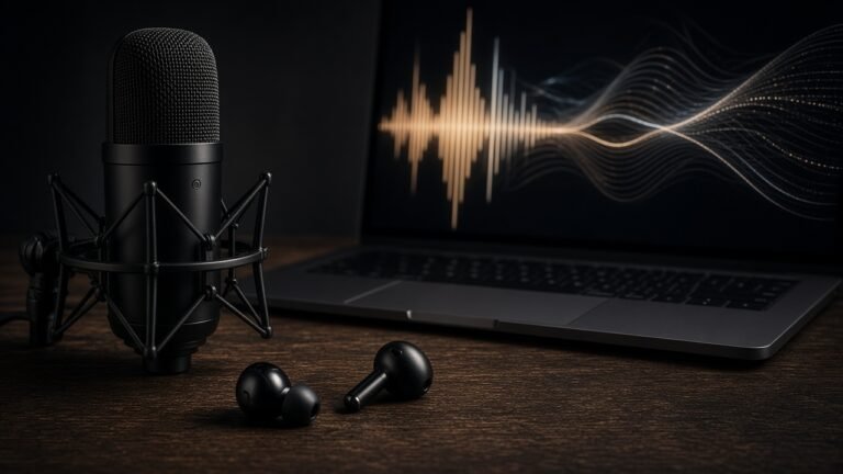 Studio microphone and earbuds in front of a laptop showing glowing sound waves