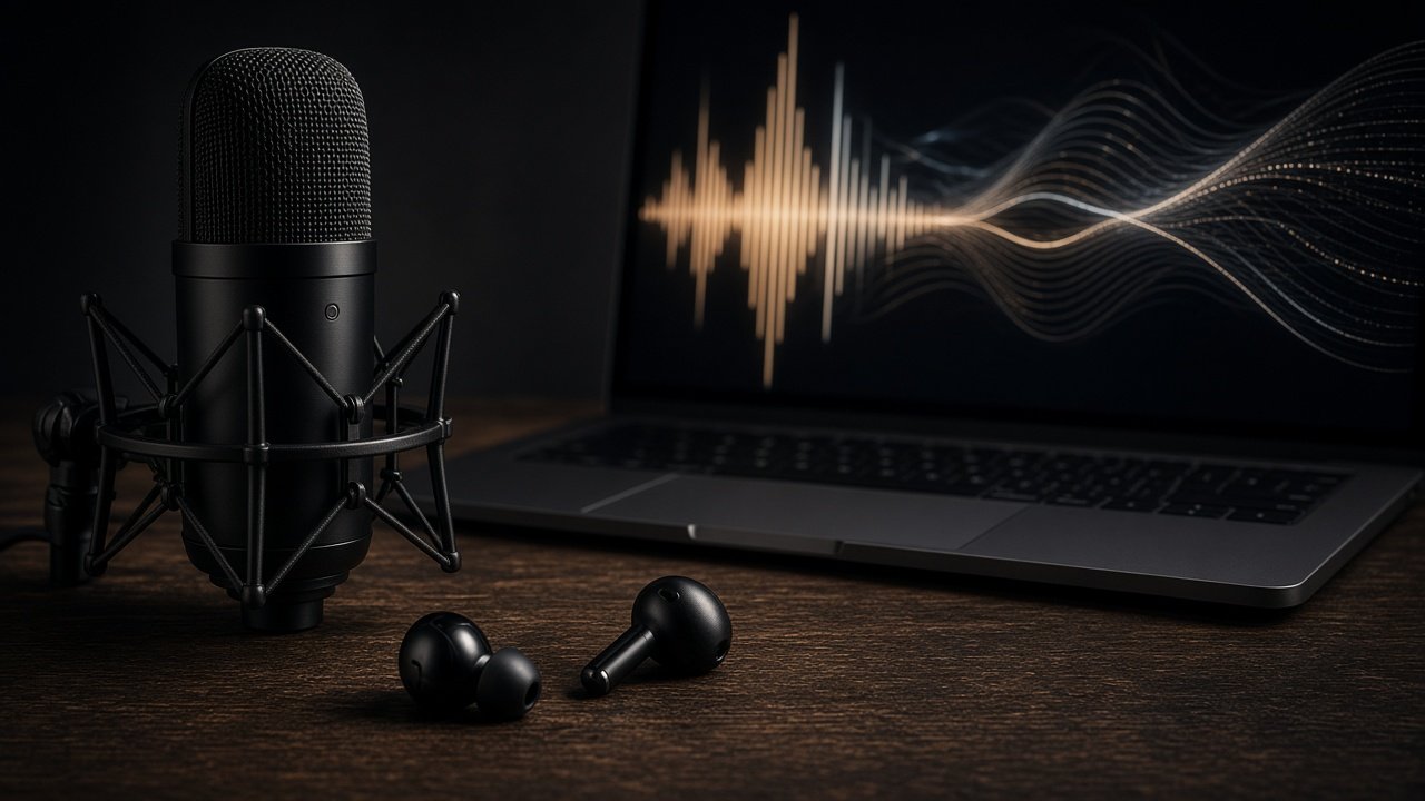 Studio microphone and earbuds in front of a laptop showing glowing sound waves
