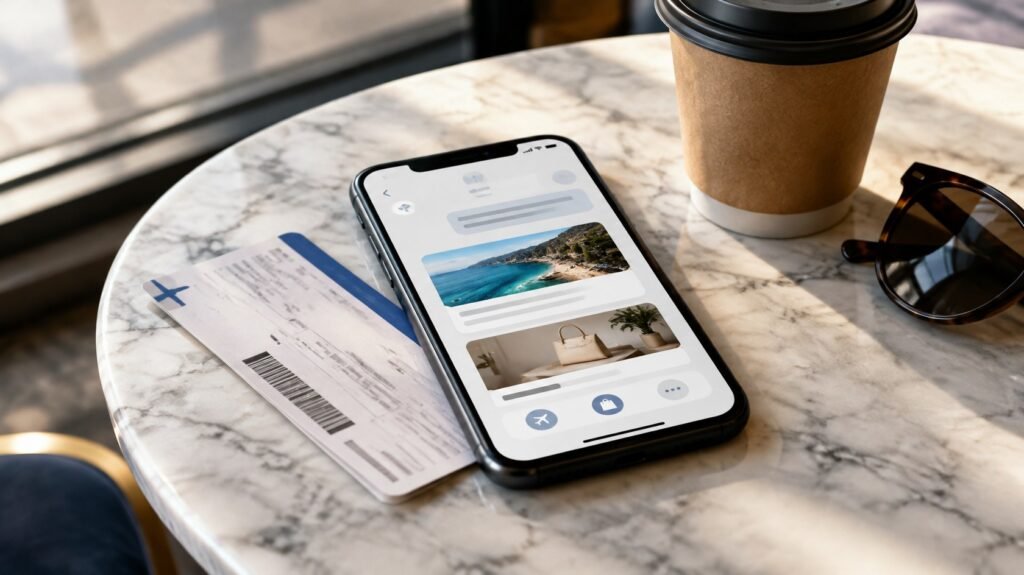 Smartphone showing an AI assistant app with travel and shopping cards beside a boarding pass and coffee cup